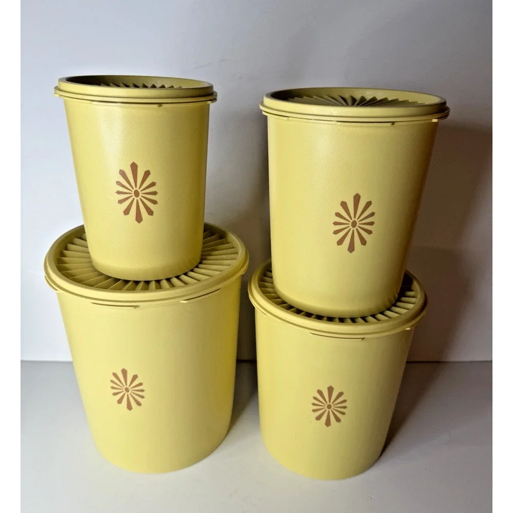 Vintage Tupperware 4-Piece Servalier Canister Set Yellow Harvest Gold Starburst